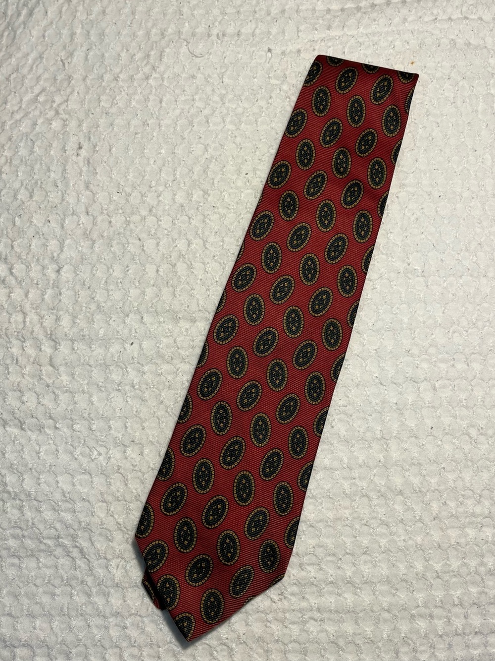 Brooks Brothers Red Silk Tie with Blue and Gold Medallions